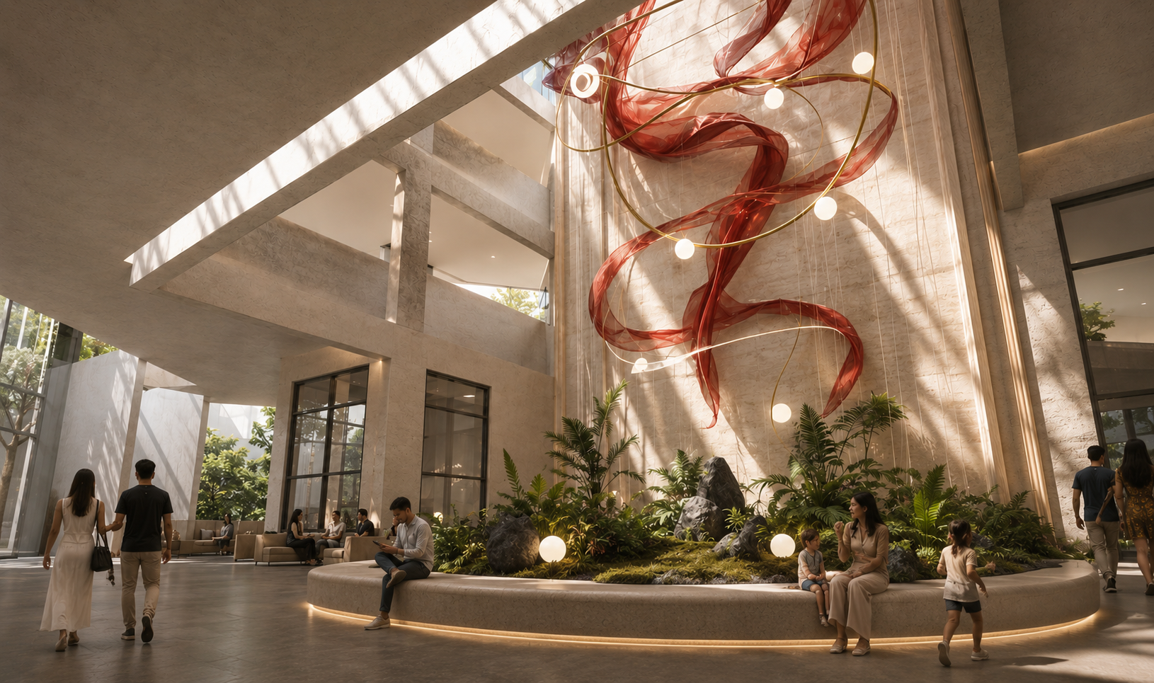 View toward the triple-height courtyard with sculptural drapery and warm light
