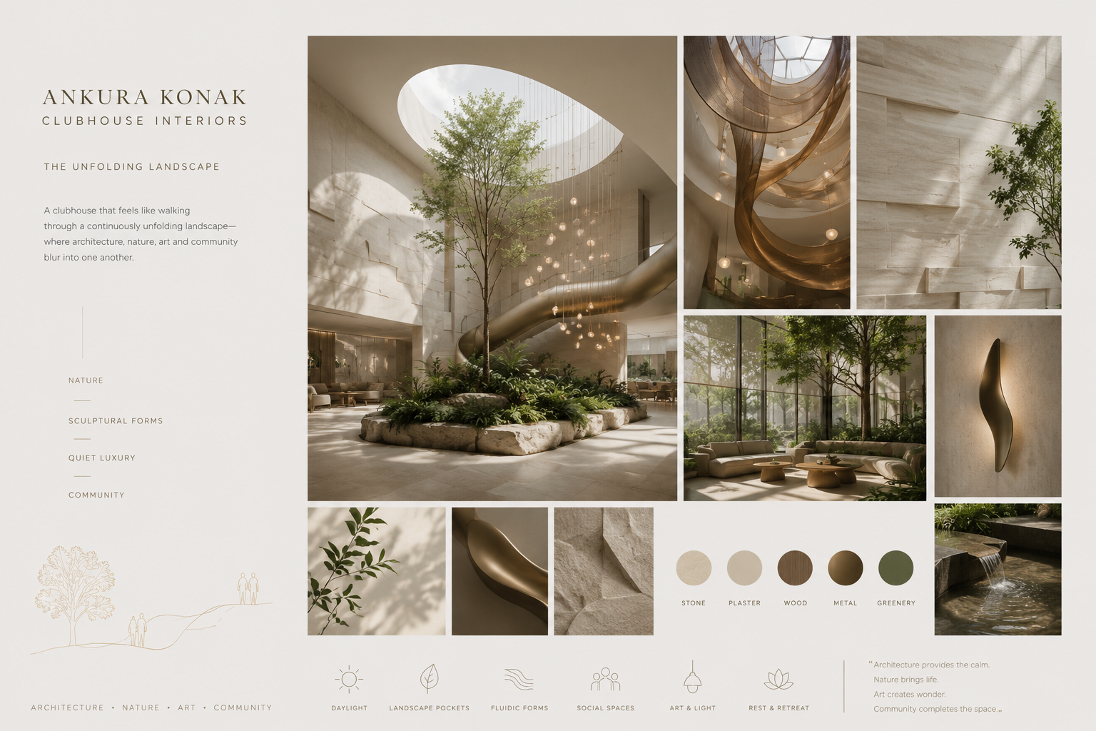 Ankura Konak clubhouse interiors mood board — earth, light and texture: stone, plaster, wood, metal and greenery