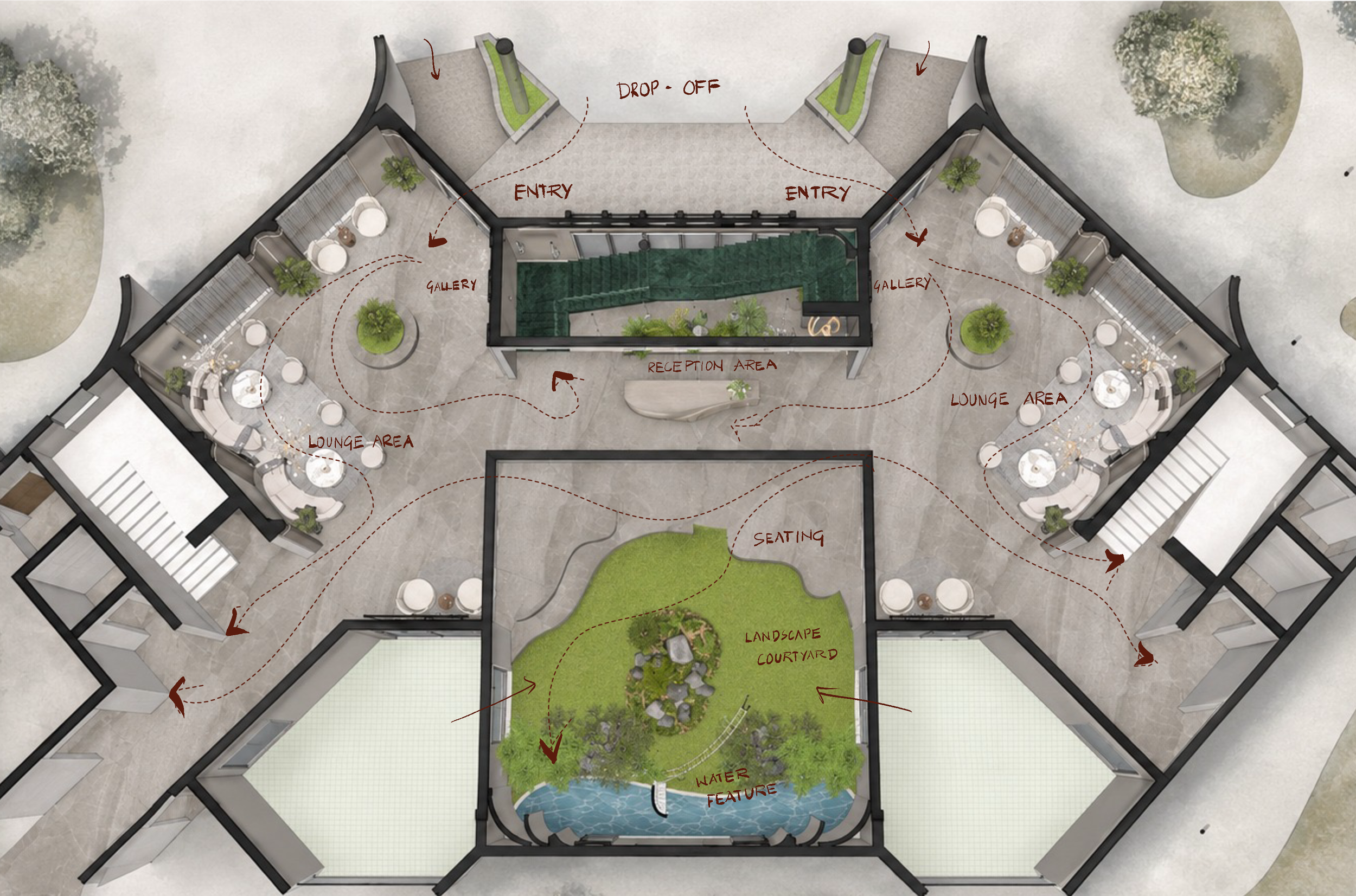 Annotated ground-floor plan — drop-off, entries, reception, gallery, lounge areas and landscape courtyard with water feature