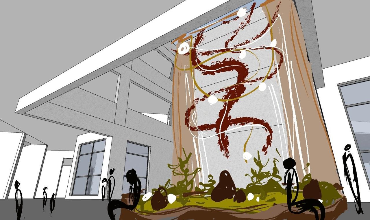 Ideation sketch — sculptural drapery over the courtyard garden