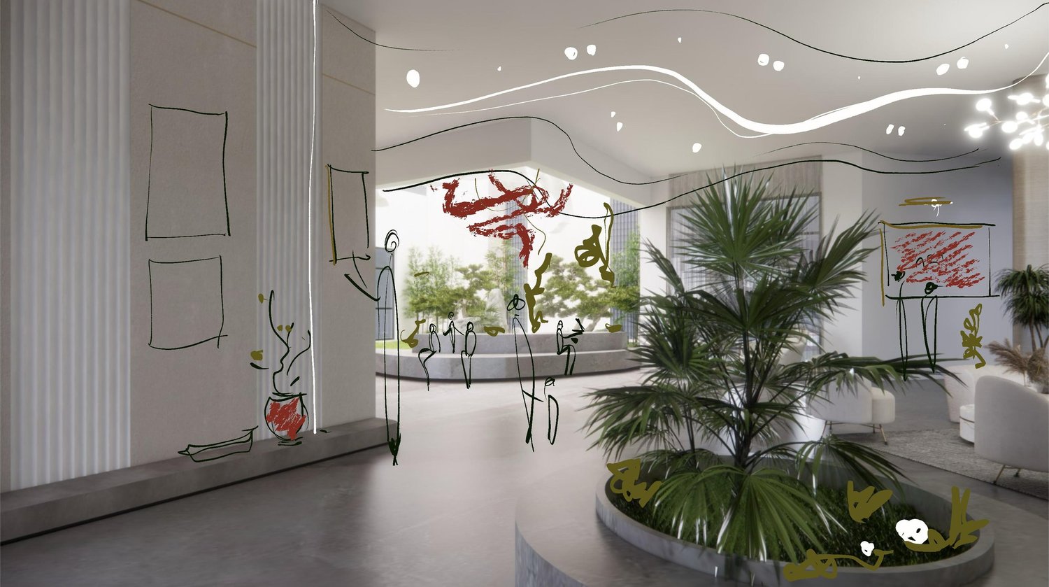 Ideation sketch — reception backdrop with drapery artwork