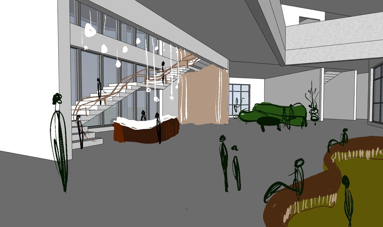 Ideation sketch — lounge and staircase volume