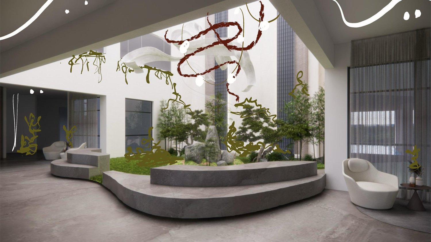 Ideation sketch — courtyard greenery and hanging installation